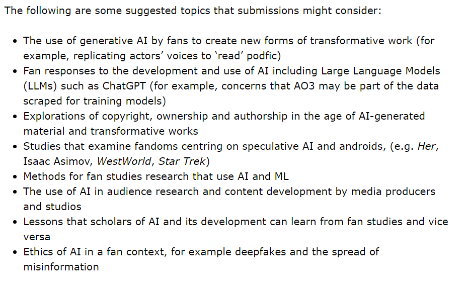 jolwalton's tweet photo. CfP: Generative AI and fanfic, fandom, transformative works etc. https://t.co/KIjICpF5d9 #ChatGPT #AI #GenerativeAI #CfP https://t.co/owD8dH2OQV