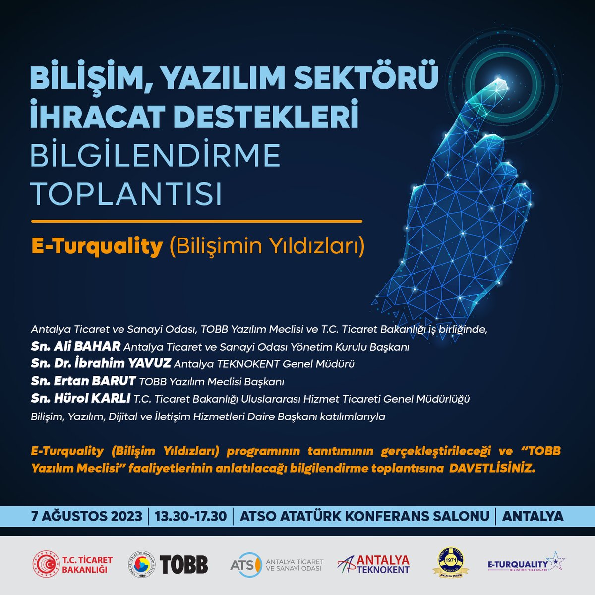 AntalyaTSO's tweet photo. Odamız ev sahipliğinde ve 22. Grup Bilişim Meslek Komitesi öncülüğünde, “E-Turquality (Bilişimin Yıldızları) İhracat Destekleri Programı” toplantısı 7 Ağustos günü ATSO Atatürk Konferans Salonu’nda gerçekleştirilecektir.
👉🏻 Detaylı bilgi için: https://t.co/INnghw0ASU
@aalibaharr @bogachangoksu @eczhaticeoz @ileribildirim @MuratTOTOS @aslisahintekin @aozgurkaragoz @huseyinsari_sar @KAPALIYOL @HakanPakal @YHacisuleyman @TOBBiletisim @RHisarciklioglu @AntalyaOSB