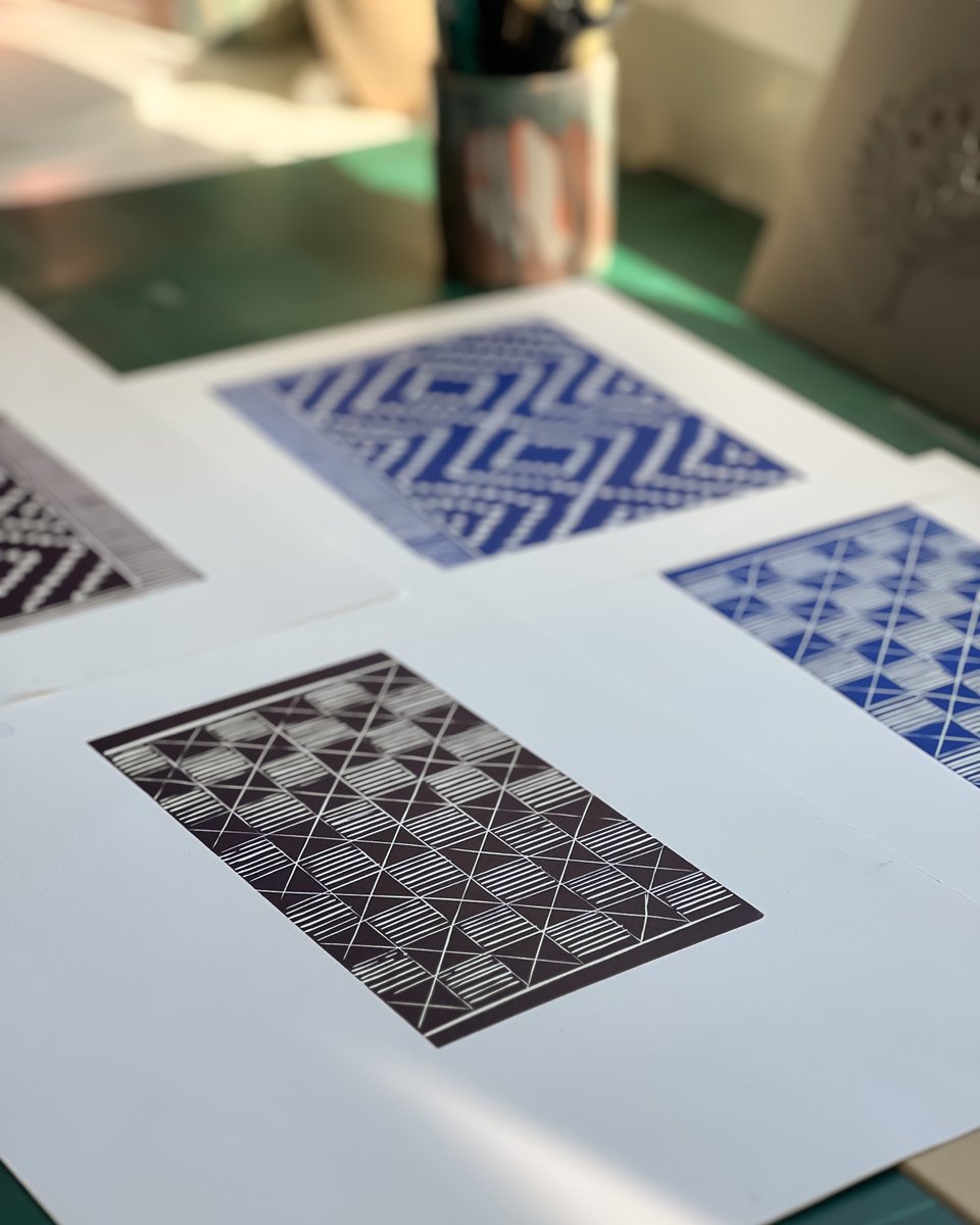 thehatchedline's tweet image. A selection of patterned linocut prints. We find geometric patterns so soothing, there&apos;s something comforting about having a repeating pattern and we’re looking forward to seeing how these turn out. #printandpattern