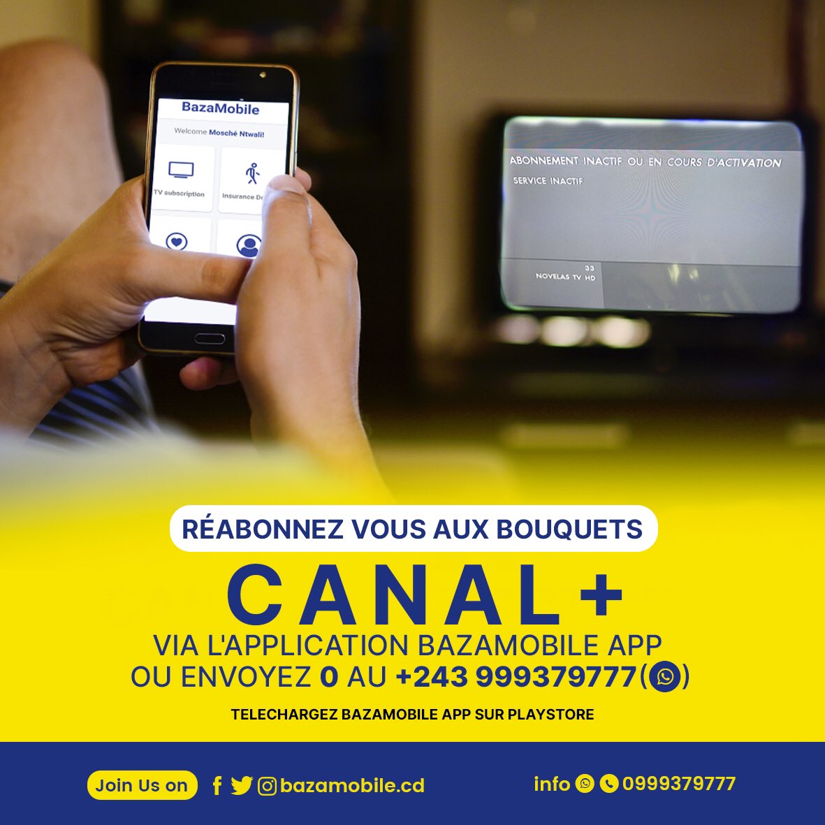 BazaMobile_CD's tweet photo. Pourquoi choisir #BazaMobile Pona Bino pour vous Réabonner aux bouquets Canal+ RD Congo? 

 ➡️Gagnez du temps

 ➡️Facilité d'utilisation

 ➡️Assistance personnalisée

#2K23
#BWS
#BMApp
#PonaBino
#SansVousDeplacez
#CommandeEnLigne
#BazaMobileCDFamily❤️ https://t.co/OT1WMTF6aY