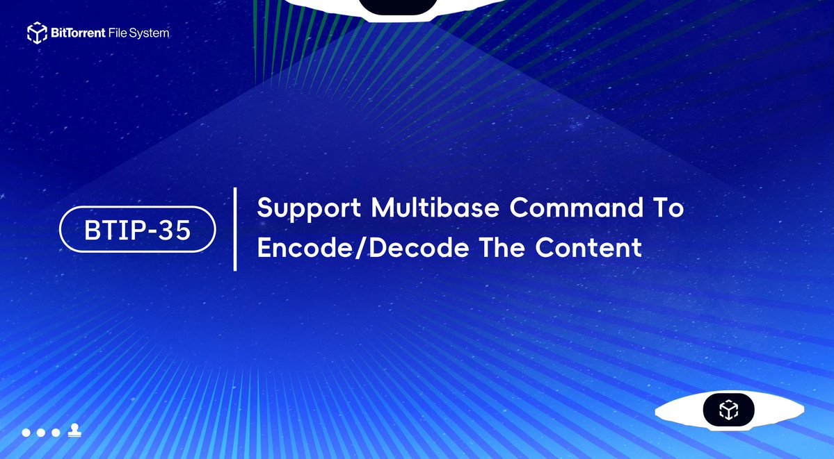 BitTorrent's tweet photo. BTIP-35 proposal is currently in Review status  

The core of the BTIP-35 proposal is to help users encode/decode documents and text by providing different types of commands.
https://t.co/QpIYMYbUAu

You can participate in the discussion and give valuable suggestions on Github:
https://t.co/BGCOpburyb

Join the BTFS technical community: https://t.co/DrByjreYY3