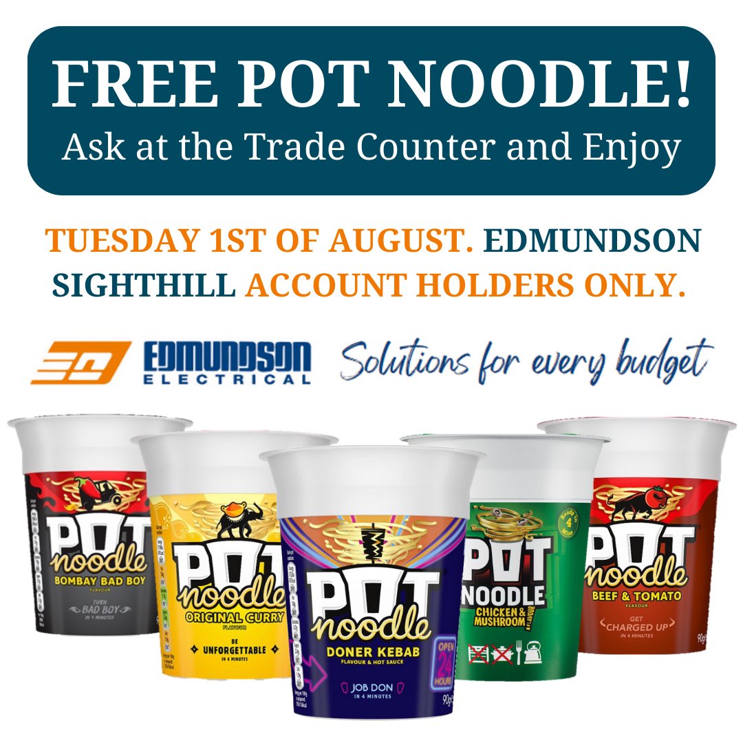 Tomorrow our customers can have a free pot noodle with any order! Come visit our branch at 6 Cultins Road, Sighthill, EH11 4DG to collect yours💡🏴󠁧󠁢󠁳󠁣󠁴󠁿⚡️#edinburgh #Scotland #electrical #electrician #electricalindustry #electricalinstallation