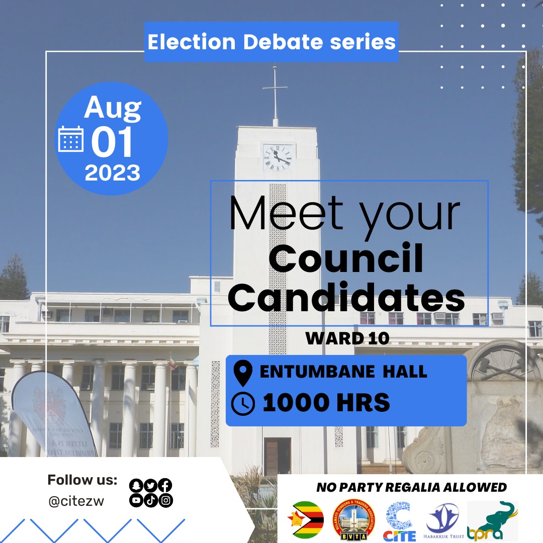 byopra's tweet photo. Tomorrow, 1 August 2023  at 10 am #ElectionDebateSeries will be taking place in Bulawayo's Ward 10, #Entumbane Hall. 

You sure want to hear what it is that aspiring Ward Councillors have in store for the residents in their manifesto presentations.  #ZimElection2023 @citezw https://t.co/QsfOMSM97V
