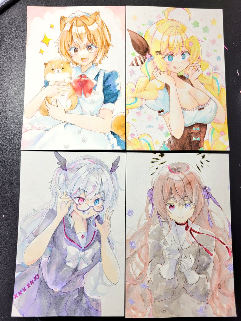 他もいっぱい描いたけど、ドローイング展搬入のギリギリに間に合わないよ〜〜😭って泣きながら一日で描いたこの4枚…!! 謎に全部テイスト変えてるのがお気に入りです!見てあげてください😂✨✨  #今月描いた絵を晒そう #アナログイラスト #水彩イラスト