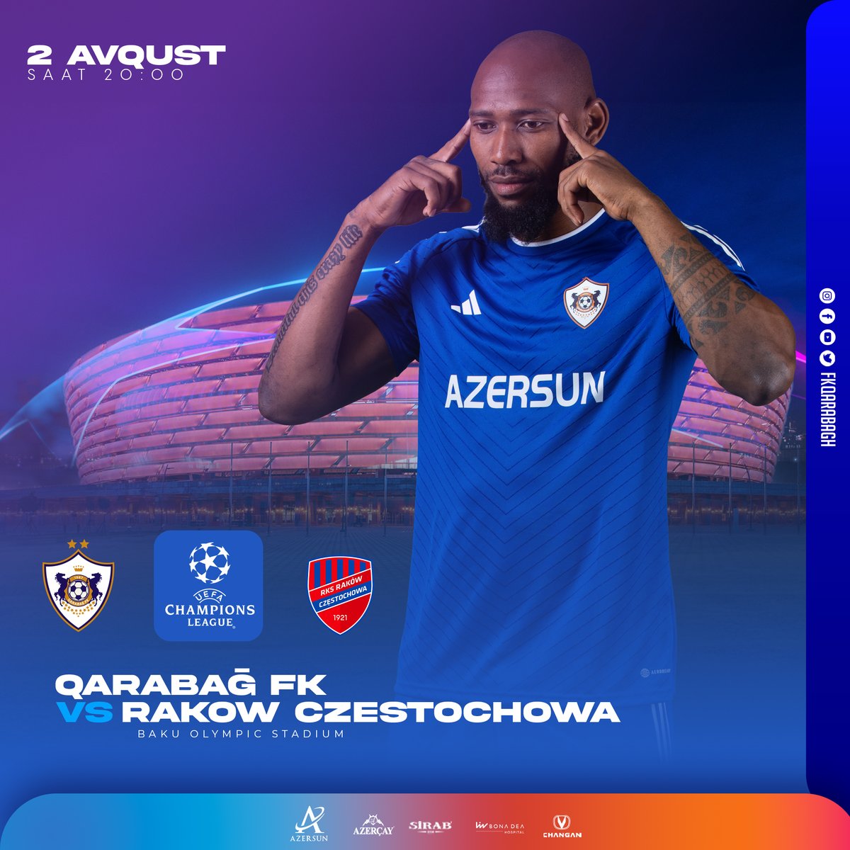 🤩 UEFA Çempionlar Liqası
⚔️ İkinci təsnifat mərhələsinin cavab oyunu
⚽️ "Qarabağ"🆚 "Rakuv"
🗓️ 2 avqust
⏰ 20:00
🏟️ Bakı Olimpiya Stadionu
📺 CBC Sport

#UCL #QarabağFK #QARRCZ