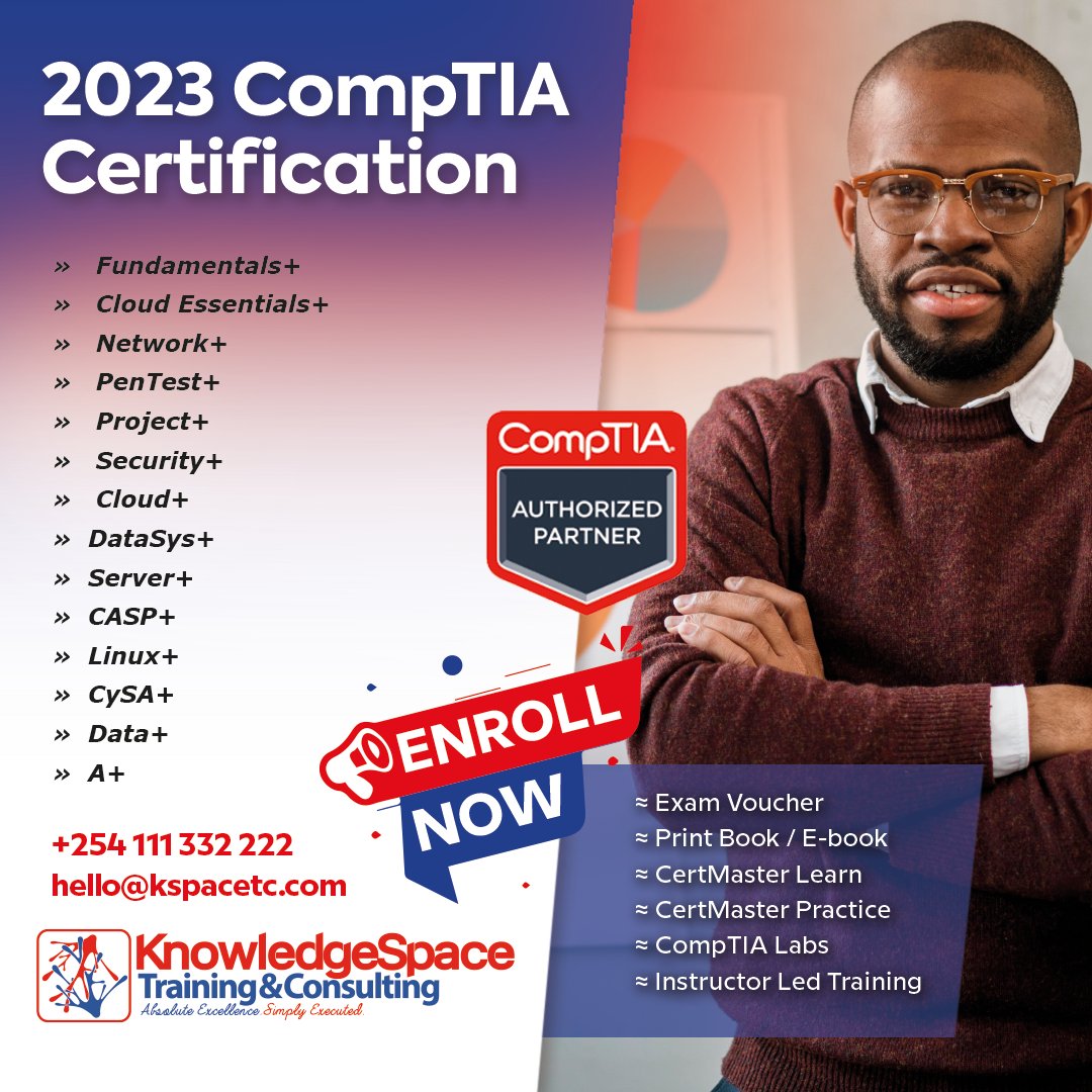 KSpaceTC's tweet image. Looking for affordable and convenient CompTIA certification options? Check out KnowledgeSpace Training and Consulting, a fully accredited provider of CompTIA courses and programs. Visit buff.ly/3rPST3O to learn more. #CompTIA #ITtraining #KnowledgeSpace