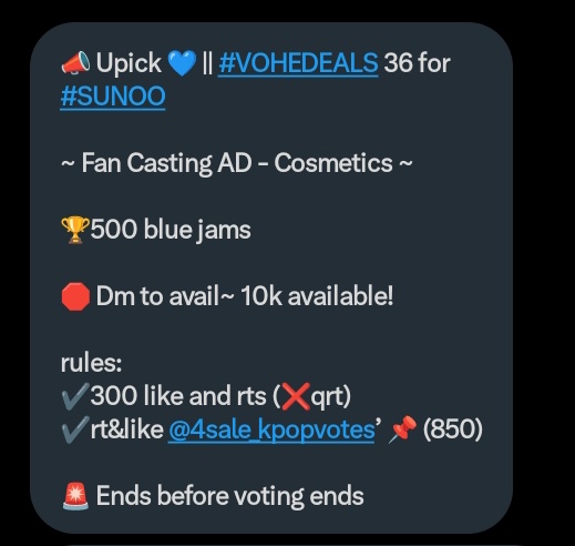 ksniconz_'s tweet photo. 📣 Upick 💙 || #VOHEDEALS 36 for #SUNOO

~ Fan Casting AD - Cosmetics ~

🏆500 blue jams

🛑 Dm to avail~ 10k available!

rules:
✔️300 like and rts (❌qrt)
✔️rt&amp;like @4sale_kpopvotes’ 📌 (850)

🚨 Ends before voting ends
#ENFuelUp #ENVOOSTERS https://t.co/Md9RHlRizk