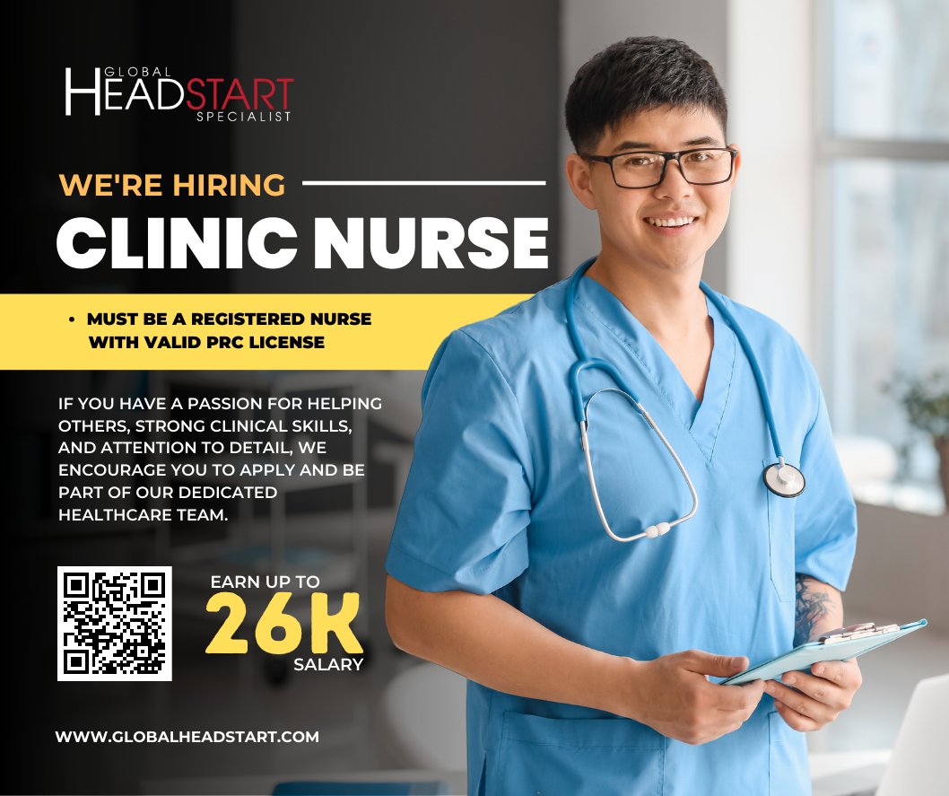 GlobalHeadstart's tweet photo. We are looking for a compassionate and skilled Clinic Nurse to join our team. As a Clinic Nurse, you will be responsible for providing excellent patient care and ensuring smooth clinic operations.

Apply here at https://t.co/ciuUUraDqk

#PatientCare #HealthcareJobs #JoinOurTeam https://t.co/5NfZw7iwDY