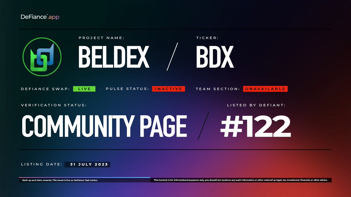 .<a href="/BeldexCoin/">Beldex.bdx</a> community page is now live on DeFiance.app/project/Beldex.

$BDX is now listed on #DeFianceSwap.

Beldex is a leading privacy-based ecosystem consisting of privacy-first decentralized applications.
 
Learn more at: users.DeFiance.app.
#Beldex #DeFianceApp