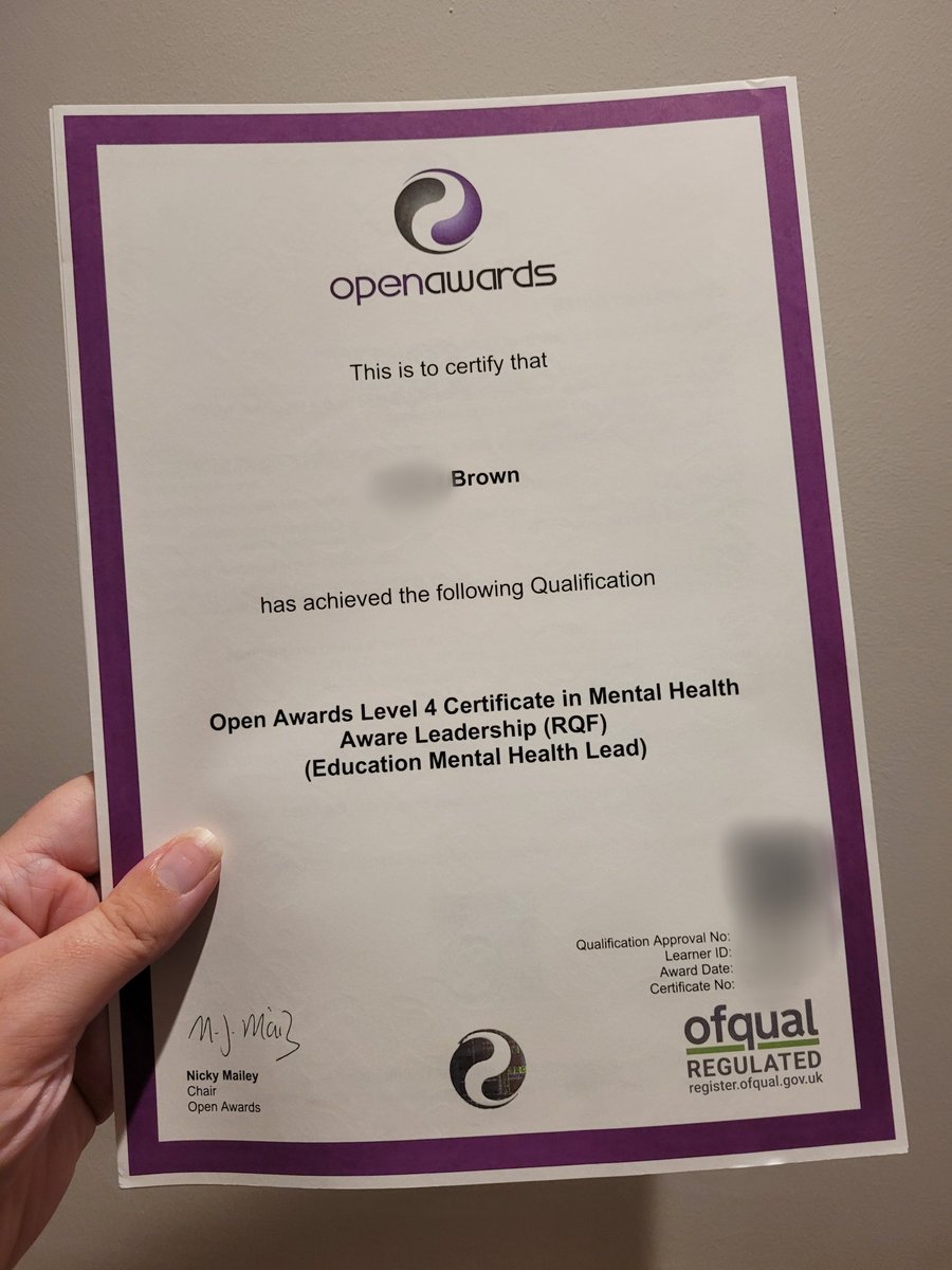 MrsBrown_SEMH's tweet photo. Proud to have received my Level 4 Certificate in Mental Health Aware Leadership (RQF) (Educational Mental Health Lead) today from @the_root_of_it & @openawards, which I earned alongside my Advanced Designated Mental Health Lead qualification.
#DesignatedMentalHealthLead #DMHL https://t.co/0tYNP2DsZM