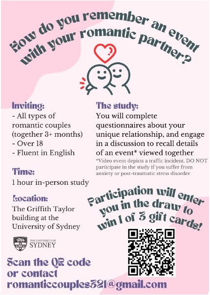 arte_pinkus's tweet photo. Participate in a research study with your partner! We are inviting all types of romantic couples to participate in research at the University of Sydney.
Use the QR code or contact the listed email if you are interested in participating. https://t.co/EoOqgUDdfp