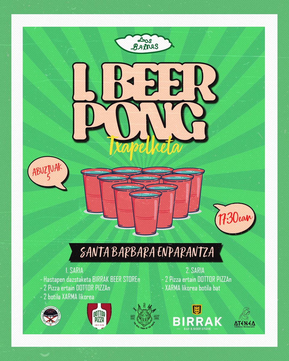 LosBainas's tweet photo. I. BEERPONG TXAPELKETA aurkezten dugu!

Hasi eskumuturra berotzen sariak izugarriak direla!

Eskerrik asko @BirrakStore Licor Xarma eta Dottor Pizza!

✍️💻 @Yeray_D6 

#GoraLosBainas #LaBlanca2023 https://t.co/Er0xkotGqw
