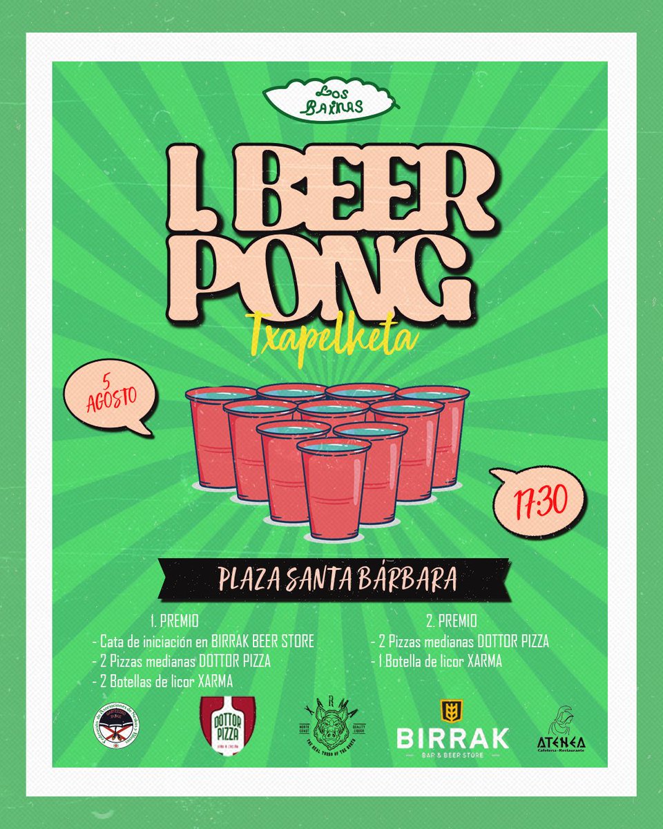 LosBainas's tweet photo. I. BEERPONG TXAPELKETA aurkezten dugu!

Hasi eskumuturra berotzen sariak izugarriak direla!

Eskerrik asko @BirrakStore Licor Xarma eta Dottor Pizza!

✍️💻 @Yeray_D6 

#GoraLosBainas #LaBlanca2023 https://t.co/Er0xkotGqw