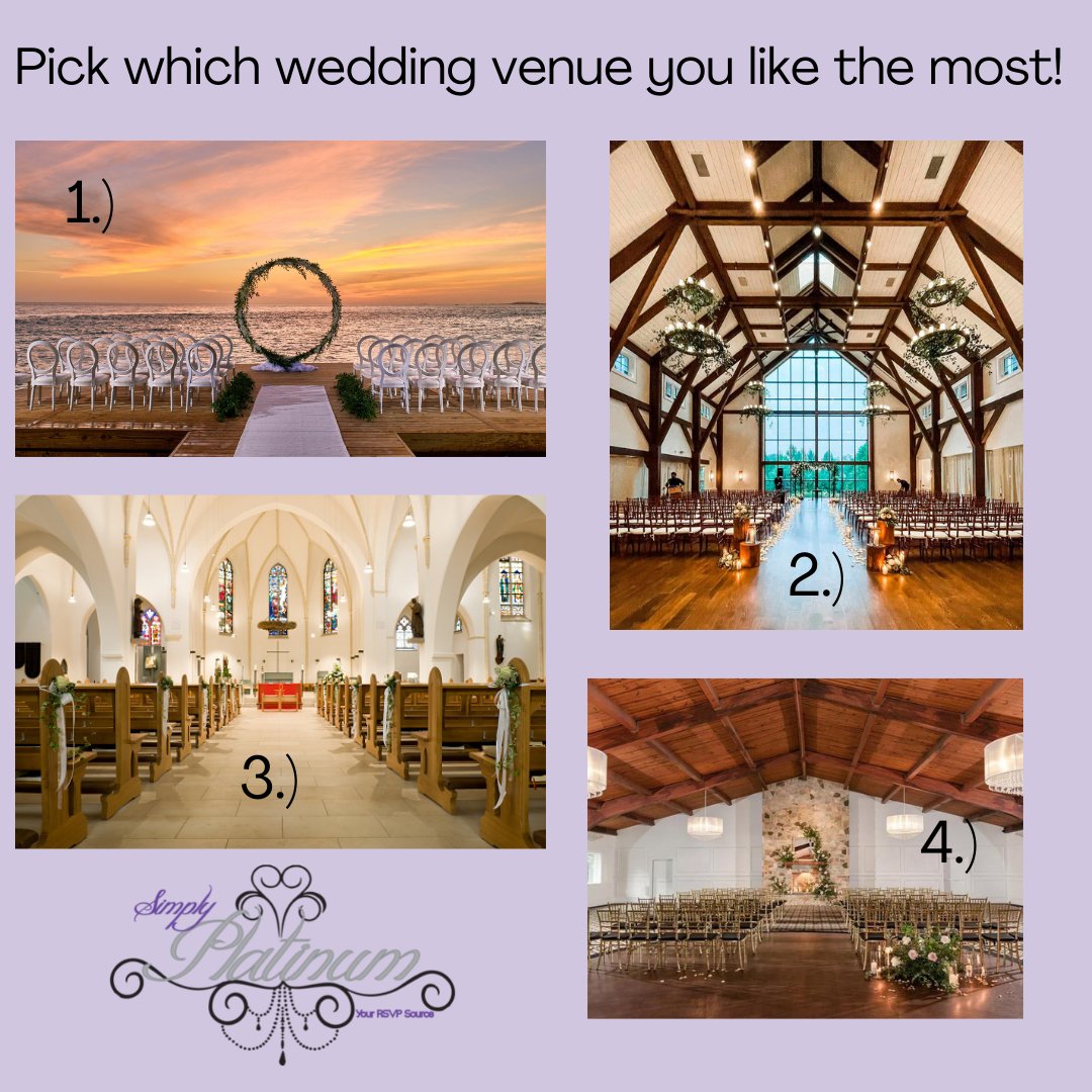 We love all of them but #1 is our favorite!! Let us know what venue you like the most in the comments! 💬👰‍♀️🤵‍♂️💍
.
.
.
#eventplanner #weddingplanner #eventcoordinator #weddingcoordinator #wedding #weddings #rsvpmanagment #weddingwebsite #venueselection #SimplyPlatinum