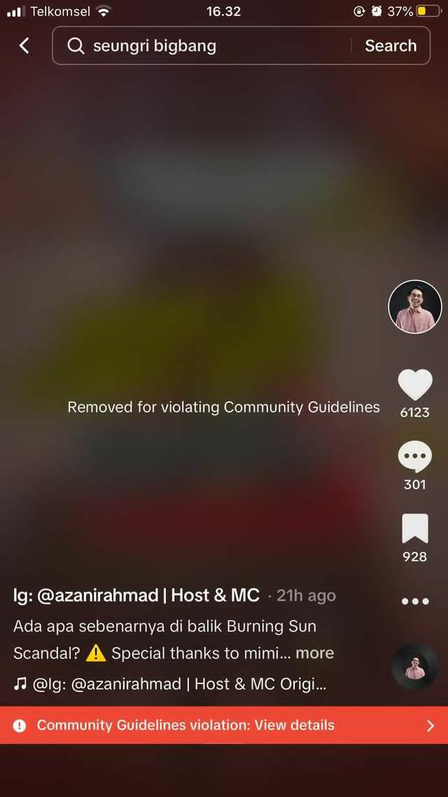 thread_seungri's tweet photo. Apparently, people are trying to report this Tiktok video. Some time ago, the video was deleted by tiktok, but it has reappeared now, and Tiktok marked it as sensitive content. https://t.co/Lut8tnf00U
