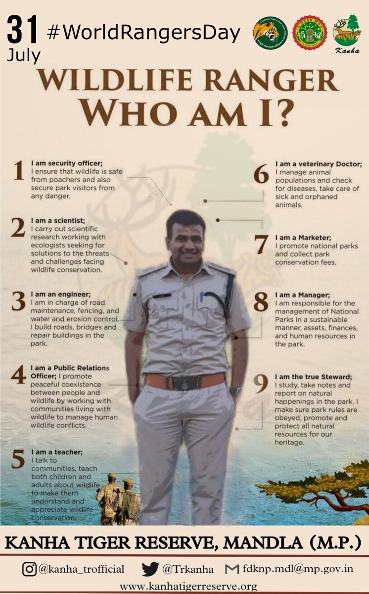 TrKanha's tweet photo. #Rangers have had a significant impact on conservation in @minforestmp. Their tireless efforts and commitment have helped to #protect, #manage and #conserve our diverse #wildlife populations and their #habitats.

#WorldRangersDay https://t.co/4fn7ZLIZZY