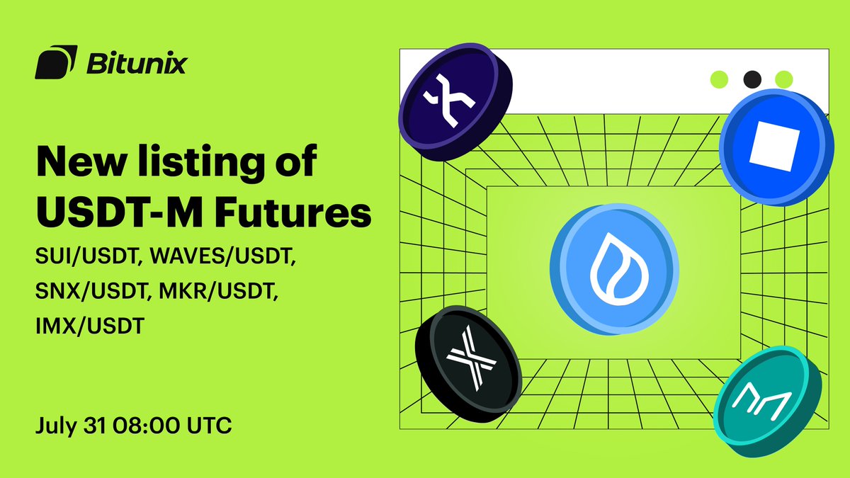 Bitunix will add 5 new trading markets in perpetual futures, including: 

$SUI-USDT
$WAVES-USDT
$SNX-USDT
$MKR-USDT
$IMX-USDT

Trading for the markets listed above will open on July 31, 08:00 UTC.

💡Details: support.bitunix.com/hc/en-us/artic…

#Bitunix
#FuturesTrading 
#Perpetualfutures…