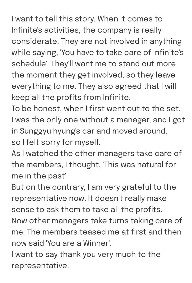 wryoku's tweet photo. Apparently Sungyeol and his co. Management Leesang had an agreement that they will not be involved in any Infinite related jobs.
Sungyeol will get all the profits but in return he has to manage on his own 😔

ps: May have mistakes but the gist is there I hope this helps. https://t.co/6ljX1DMMiE
