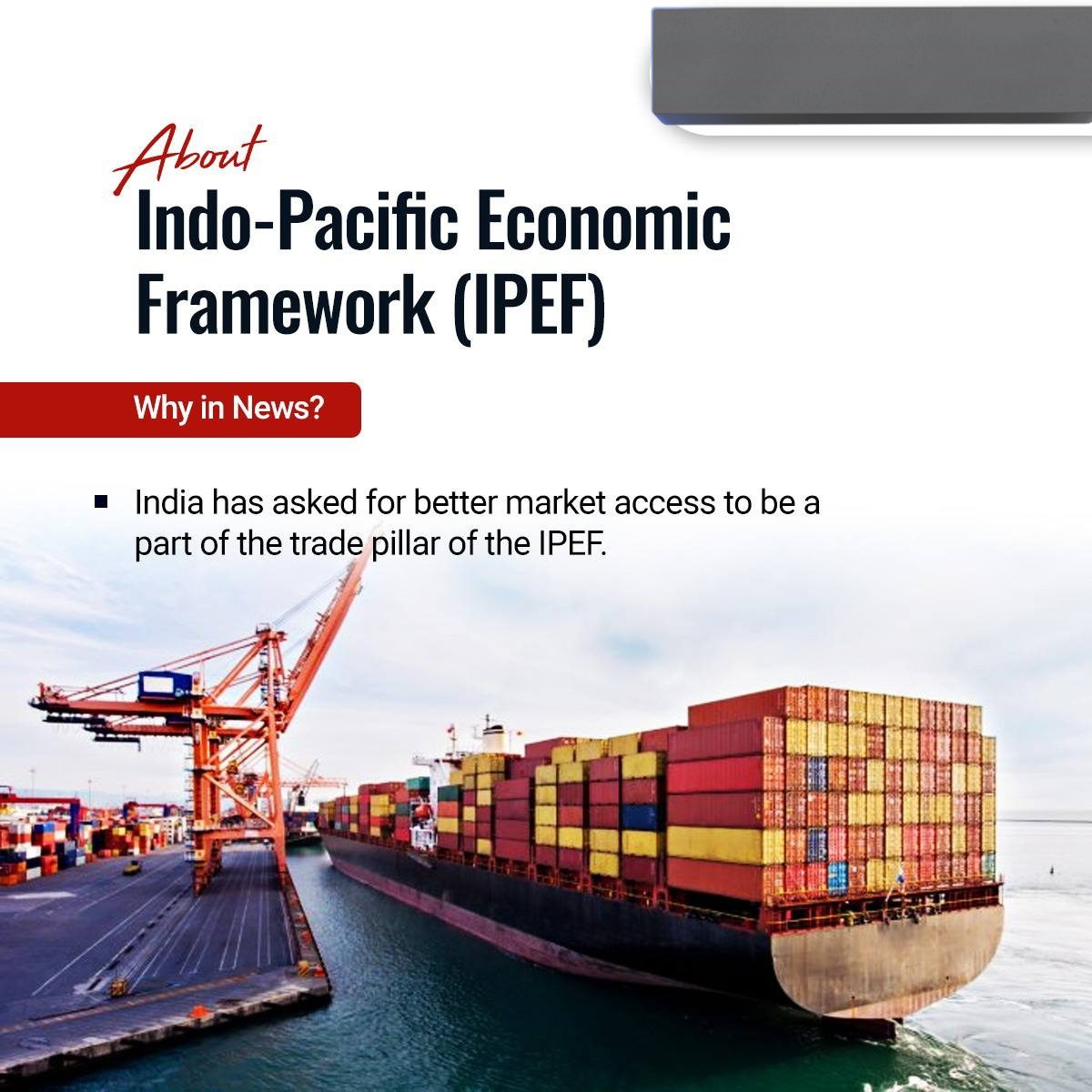 Upsc123_'s tweet photo. India has asked for better market access to be a part of the trade pillar of the IPEF
 4 pillars of IPEF:
1. Pillar I - Fair and resilient trade
2. Pillar II - Supply chain resilience
3. Pillar III - Infrastructure and decarbonization
4. Pillar IV - Tax and anticorruption
#upsc https://t.co/TB7SeMVuNd