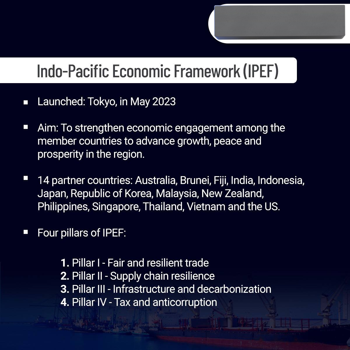 Upsc123_'s tweet photo. India has asked for better market access to be a part of the trade pillar of the IPEF
 4 pillars of IPEF:
1. Pillar I - Fair and resilient trade
2. Pillar II - Supply chain resilience
3. Pillar III - Infrastructure and decarbonization
4. Pillar IV - Tax and anticorruption
#upsc https://t.co/TB7SeMVuNd