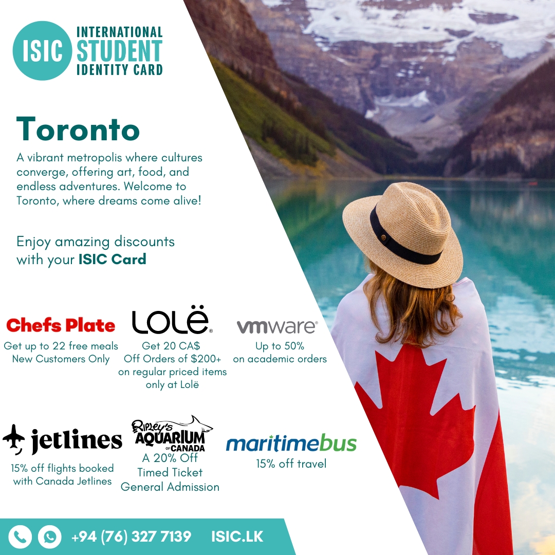 ISICSriLanka's tweet image. Amazing Deals for ISIC Card Holders in Toronto, Canada! Don&apos;t miss out on these incredible offers - flash your card and enjoy the benefits. #ISICCardHolder #ExclusiveOffers #StudentPerks #SaveWithISIC Terms and conditions apply. #HappySavings #ISICCardMember