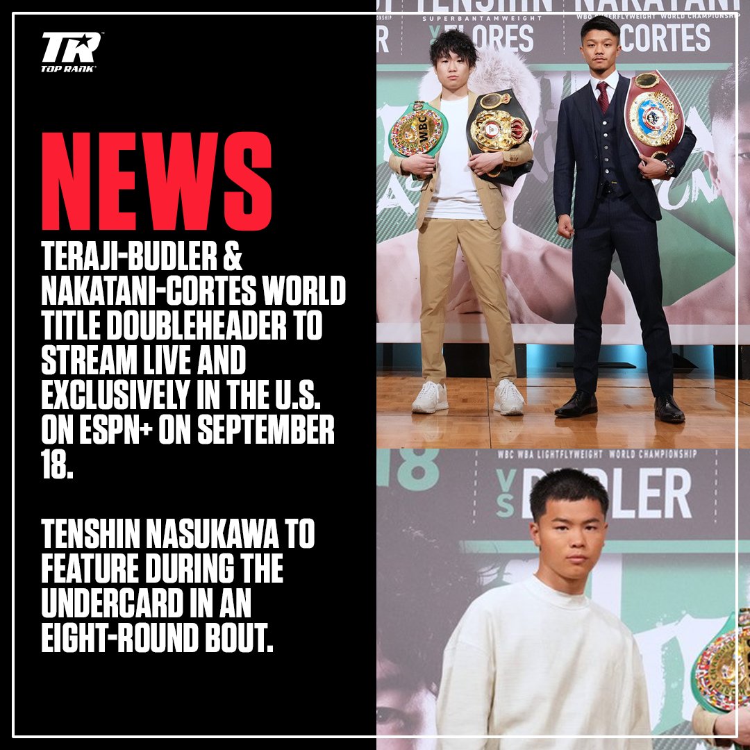 trboxing's tweet photo. 🚨🇯🇵 A world title doubleheader goes down in Tokyo on September 18.

Live &amp; exclusively in the U.S. on @ESPNPlus 📺 https://t.co/HL4FFvJG6k