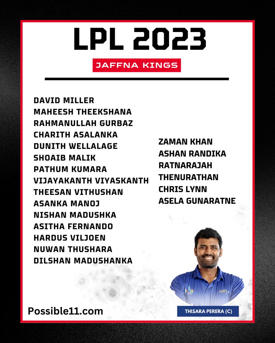 Lanka Premier League 2023 Full Squad👇
#LPL2023 #LankaPremierLeague #possible11 #ColomboStrikers #JaffnaKings #DambullaAura #GalleTitans