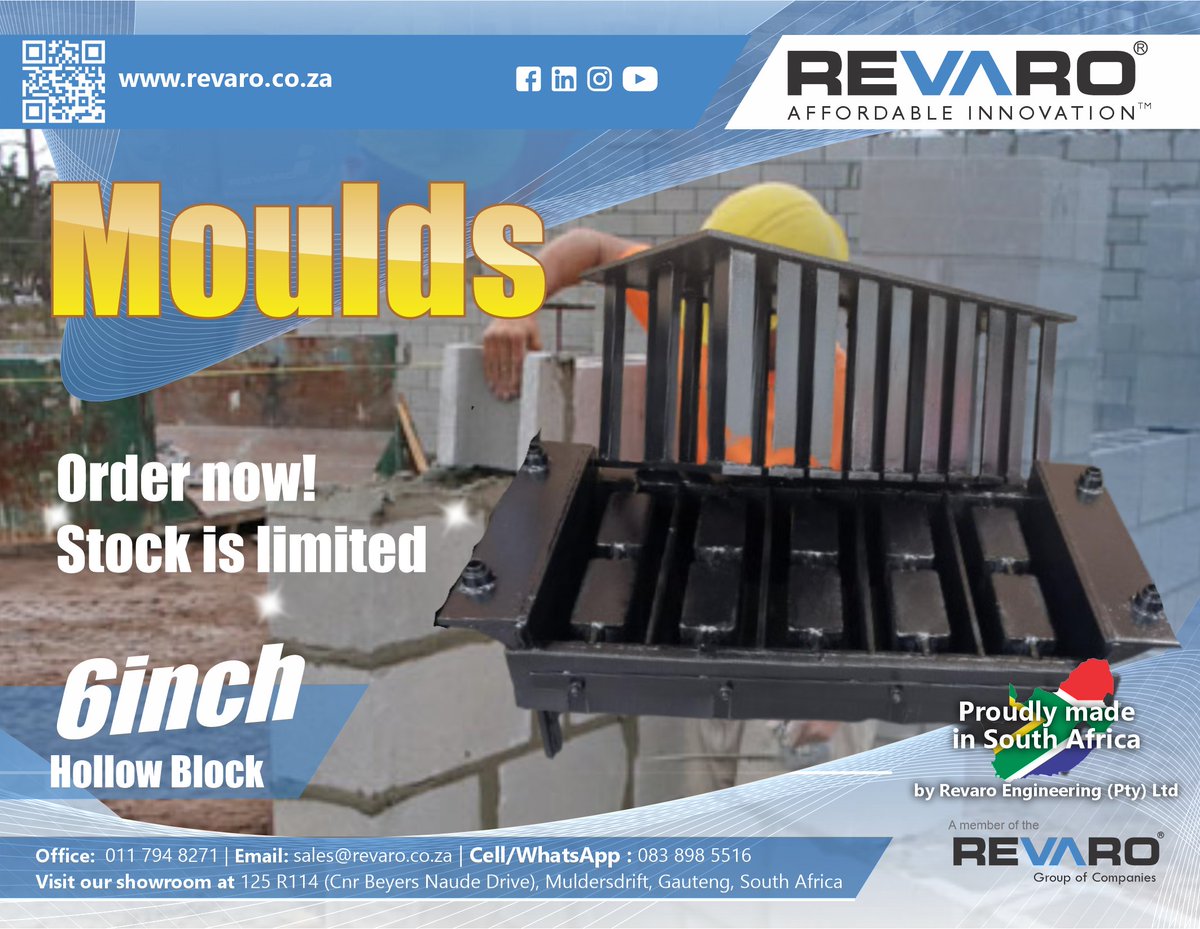 RevaroGroup's tweet photo. 🔥Get strong, precise, and customizable 6" Hollow Block Moulds from Revaro.
Contact us now at 𝟎𝟏𝟏 𝟕𝟗𝟒 𝟖𝟐𝟕𝟏 or
𝘀𝗮𝗹𝗲𝘀@𝗿𝗲𝘃𝗮𝗿𝗼.𝗰𝗼.𝘇𝗮
👉Trust us for all your moulding needs.
#Revaro #Moulds #Engineering #SA https://t.co/uPqLwR9hQc