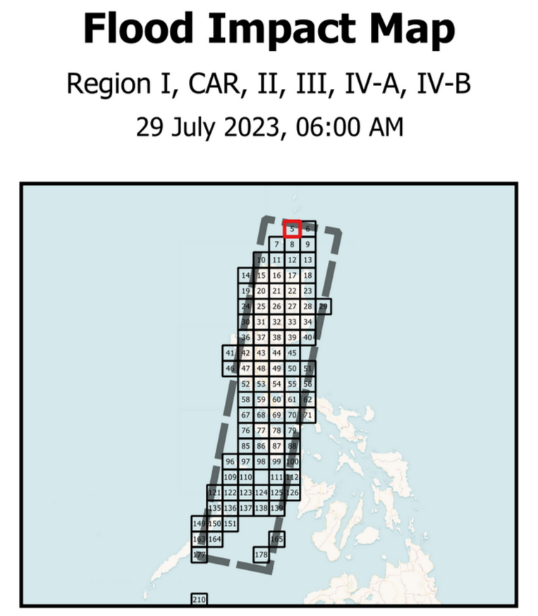 The Disaster Risk Reduction team of PhilSA and @DOSTASTI generated flood impact maps from the onslaught of Typhoon #EgayPH in Regions I, CAR, II, III, IV-A, and IV-B. These were captured by the Sentinel-1A SAR satellite around 6:00 AM on 29 July 2023.