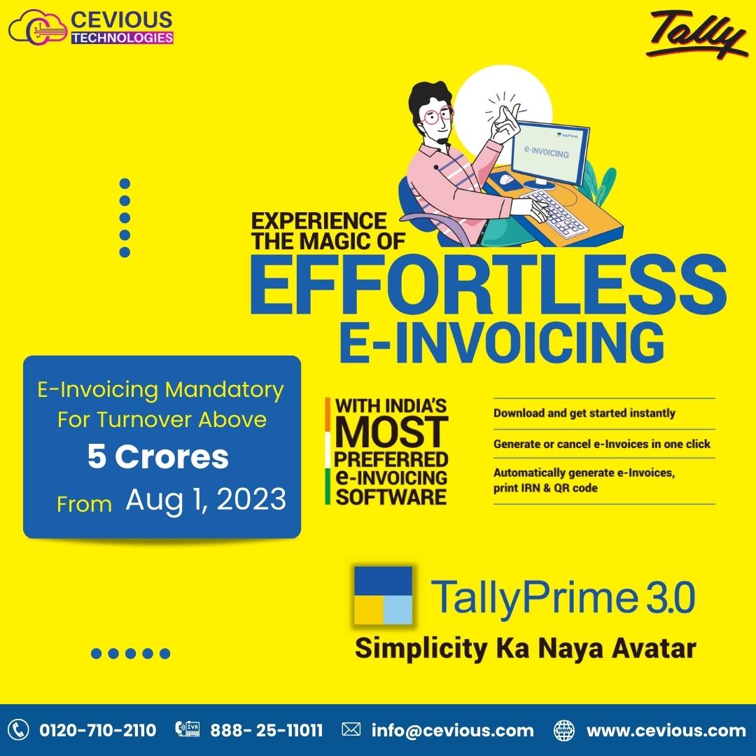 Seamless Invoicing Ahead: Mandatory E-Invoicing for Turnover Exceeding 5 Crores from 1st August 2023!
.
.
#EInvoicing #MandatoryEInvoicing #CeviousTech #DigitalInvoicing #5CroresTurnover #TallySolutions #TaxCompliance #BusinessInnovation #TallyAccounts #InvoiceAutomation #Tally