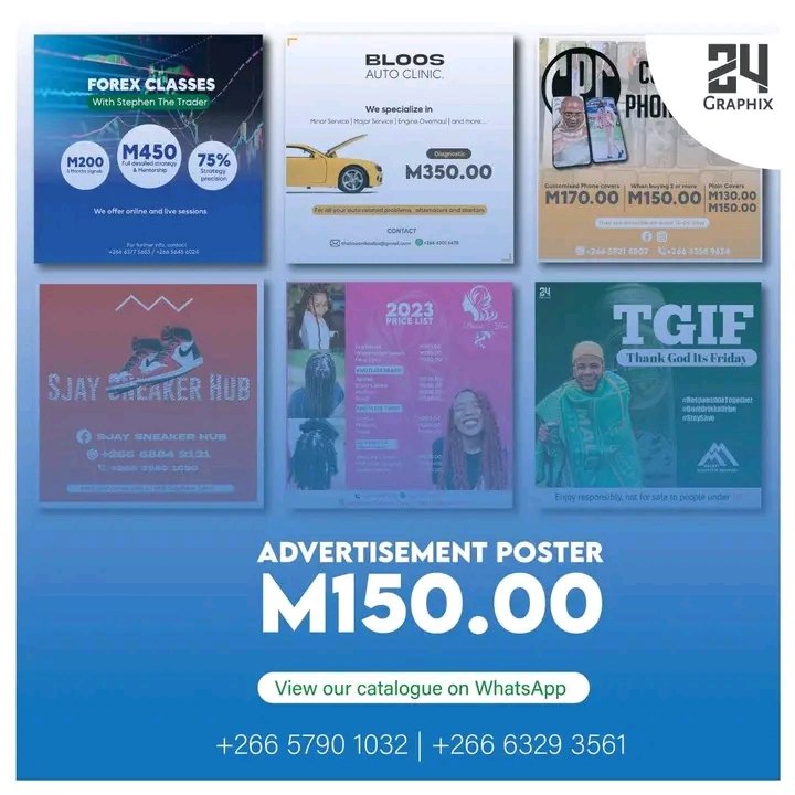 24_Graphix's tweet photo. 🚨Let your business be visible on social media and attract a wider audience with Advertisement posters from 24Graphix
View our catalogue here ⬇️⬇️
https://t.co/vR0b42veyt

#Africa #JohnCena #PodcastAndChill #RoadTo1Million #EFF10thAnniversary #Lesotho #GraphicDesigner https://t.co/Ky3D95tlDs