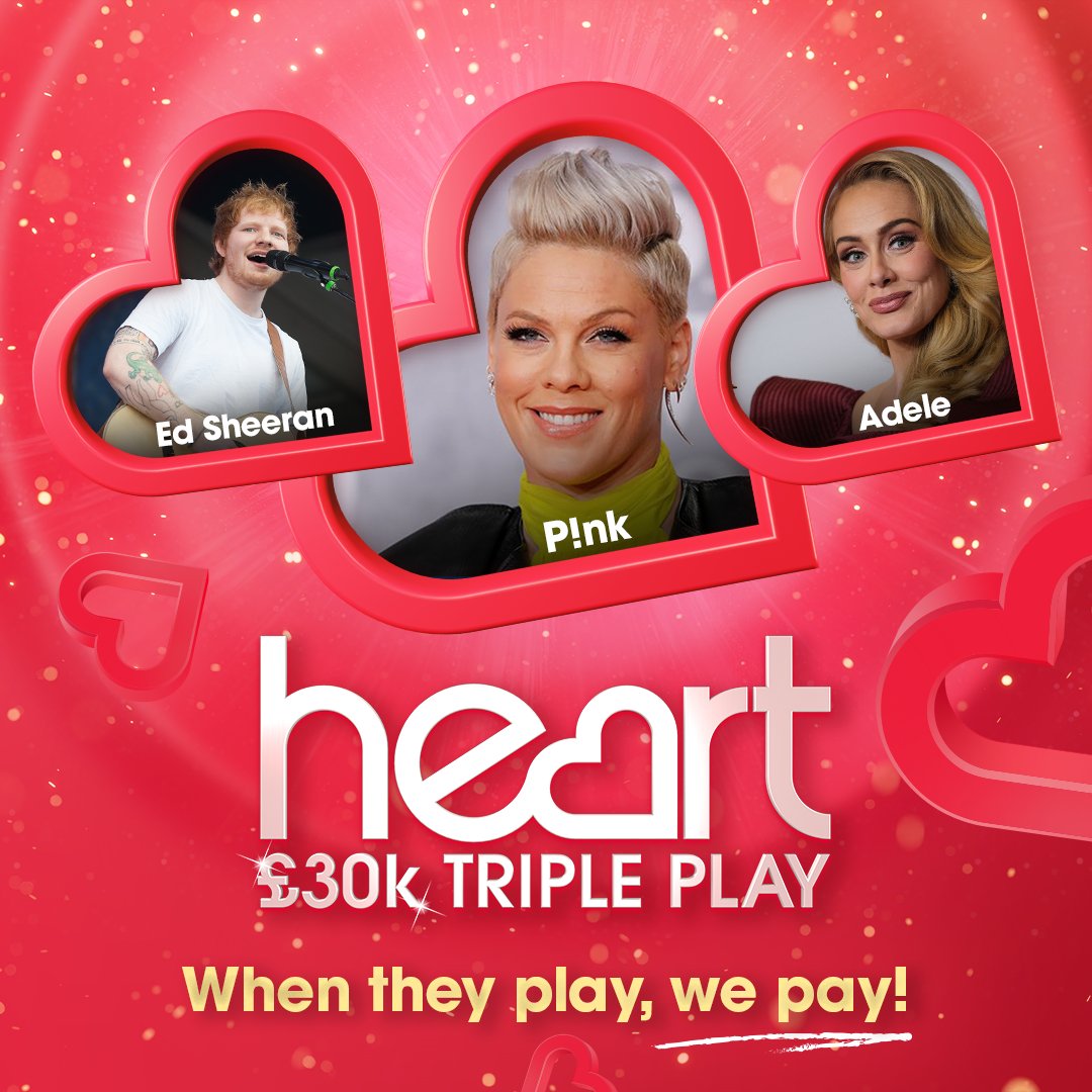 We've got a lot more money to give you this summer with Heart’s £30K Triple Play!👏@edsheeran, @Pink and @Adele you’re listening out for! 1 artist = £300 2 artists back-to-back in any order = £3,000 3 artists back-to-back in any order = £30,000 Win: heart.co.uk/win/heart-30k-…