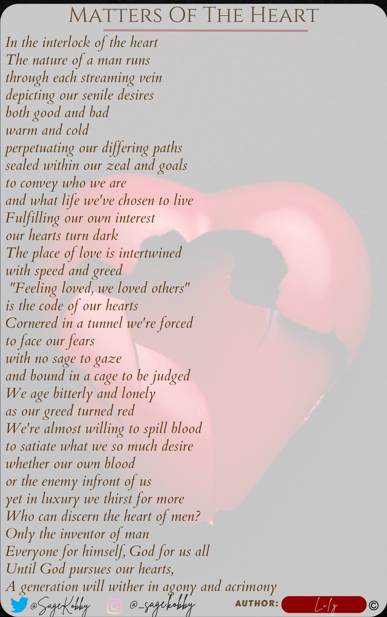 Matters Of The Heart-Lily
#poetry
#PoemADay
#poetrycommunity
#Life
#Philosophy
#poetrylovers
#poetrytwitter
#Literature