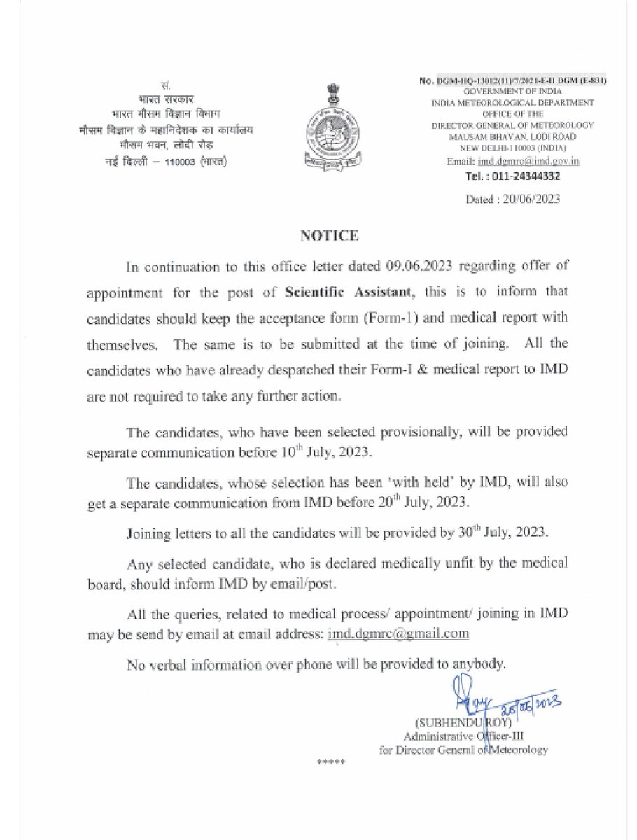 SumanChaud81605's tweet photo. Despite of attending Rojgaar mela on 13th june, still We are waiting for joining of scientific assistant in IMD. 
Is there credibility of imd notice?
Deadline crossed, we want joining ASAP. 
@moesgoi  @Indiametdept  @Ravi_MoES  @KirenRijiju https://t.co/MoYuwABDLs