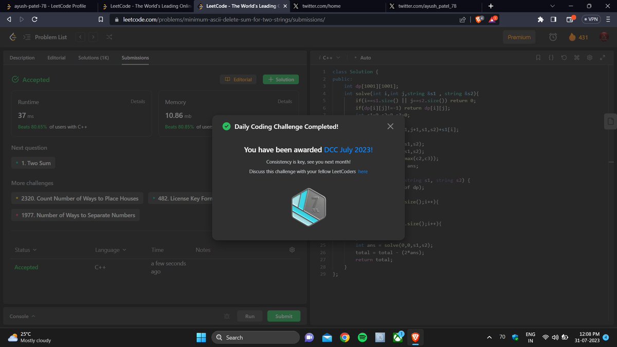 ayush_patel_78's tweet image. Day : 431 

Leetcode daily challenge completed.
#100DaysOfCode  #365DaysOfCode #500DaysOfCode