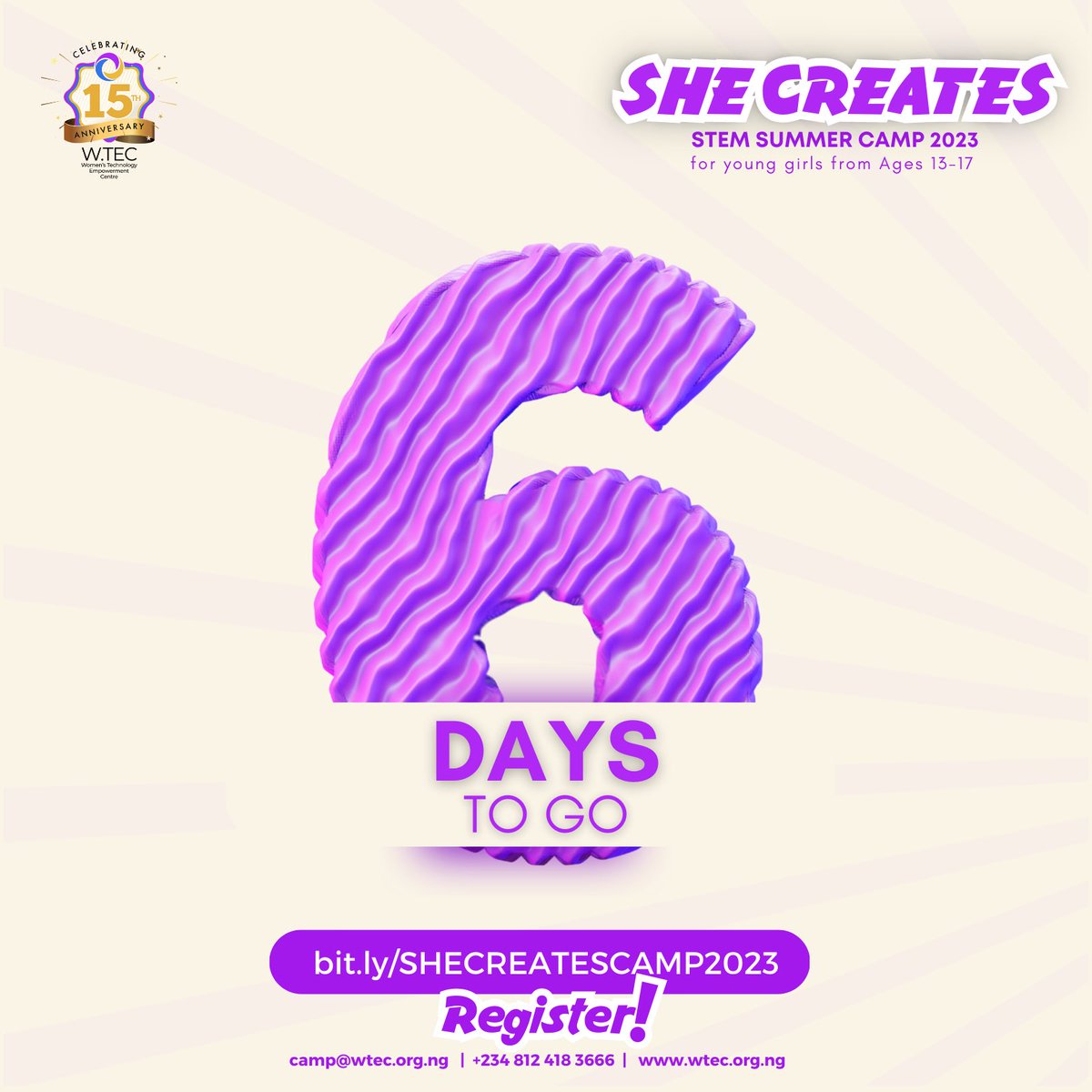 6 Days Left to Join our She Creates Camp for Young Girls!

From coding challenges to robotics workshops to learning new skills, our summer camp has it all. 
 Register now!

bit.ly/SHECREATESCAMP…

#shecreates2023 #wtecshecreates2023 #STEMCAMP #STEM #girlsinstem #supportgirls