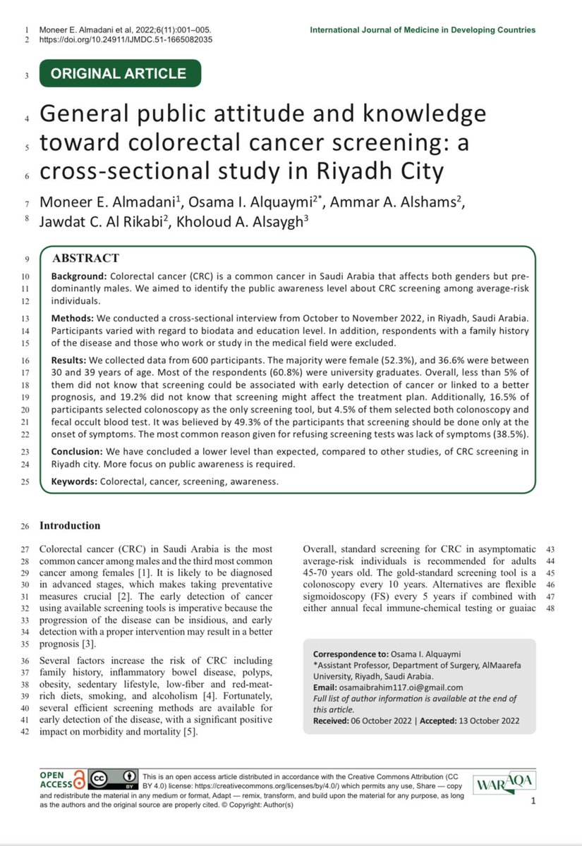 في دراسة علمية حديثة منشورة ، طالبة الطب في #جامعة_المعرفة خلود الصائغ وآخرون - بإشراف د. منير المدني - يتوصلون لنتيجة مقلقة بشأن تدني الوعي بأهمية الكشف المبكر عن سرطان القولون والمستقيم، ويُوصون بضرورة تنظيم حملات توعوية مركزة عن أهمية الفحص المبكر لتفادي تعقيدات المرض.
