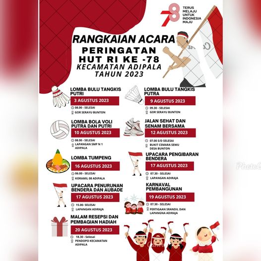 Halo sobat Adipala...
Berikut adalah Rangkaian Acara Peringatan HUT ke 78 Kemerdekaan RI.. 
Tingkat Kecamatan Adipala.,
Yuk Ramaikann..... 💪🏻💪🏻💪🏻💪🏻🇲🇨🇲🇨🇲🇨🇲🇨🇲🇨🇲🇨🎊🎊🎊🎊🎊
#hutRI78
#adipala
#cilacap