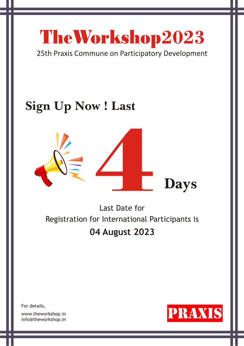 Only 4 Days Left for International Participants to Register! Join us in #Bengaluru from 9 to 13 October for #TheWorkshop2023. Don't miss this amazing event on #participatory methods. Secure your spot now theworkshop.in/about-1