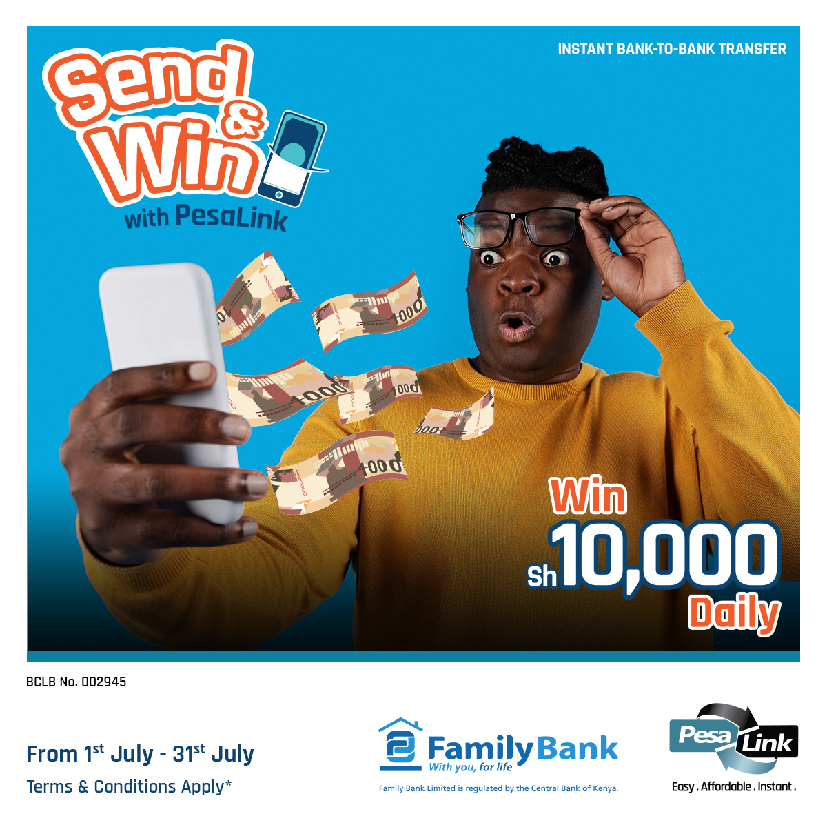 FamilyBankKenya's tweet photo. LAST CHANCE TO SECURE YOUR WIN📢📢. ​

PesaLink on your PesaPap App is here to make you Sh.10,000 richer. Transact via Pesalink on your PesaPap app or via USSD code *325# and stand a chance to win up to Sh.10,000! #SendandWin #Pesalink #FuzuNaFamily @IPSL_Kenya https://t.co/KLiqMImLYl