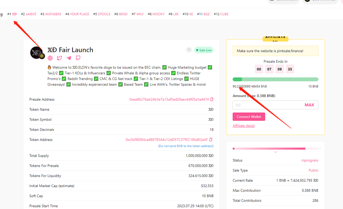XD_BSC20's tweet photo. XÐ is currently trending #1 in Pinksale!

90BNB has been overbought!

Our presale will end today at 14:00 UTC!

Tax 2/2

https://t.co/7kfyrIJXI8 https://t.co/H4GyBB19dp