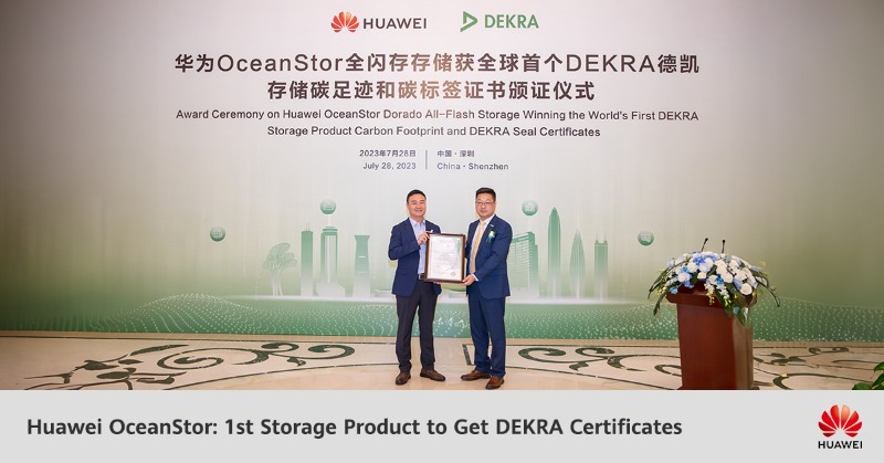 Huawei's tweet photo. #Huawei OceanStor Dorado All-Flash Storage is the world's first data storage product to get a DEKRA certificate for carbon footprint compliance and DEKRA Seal certificates, marking a move toward energy conservation and emission reduction. #HuaweiNews