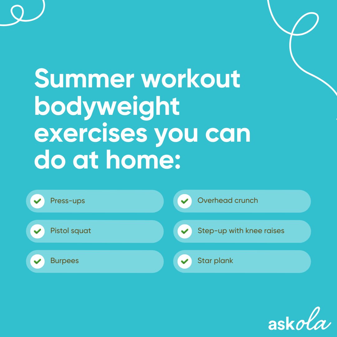 askOLA_io's tweet photo. Keep active this summer with these fun bodyweight exercises. Try doing a couple of rounds of the circuit for a full and efficient workout! 
#followformore #askOLAsummer #tipsandtricks https://t.co/x6foXAWRL0