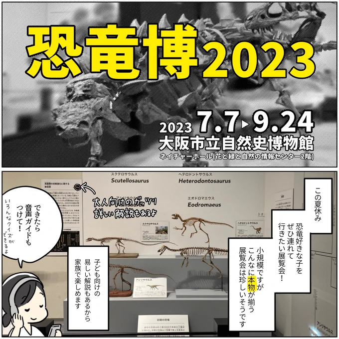 展覧会レポ漫画恐竜博2023大阪市立自然史博物館2023.9.24までふりがなのついた子ども向け解説パネル、音声ガイド、動画解説があるのでチビッコたちにもぜひ行ってほしい!! 