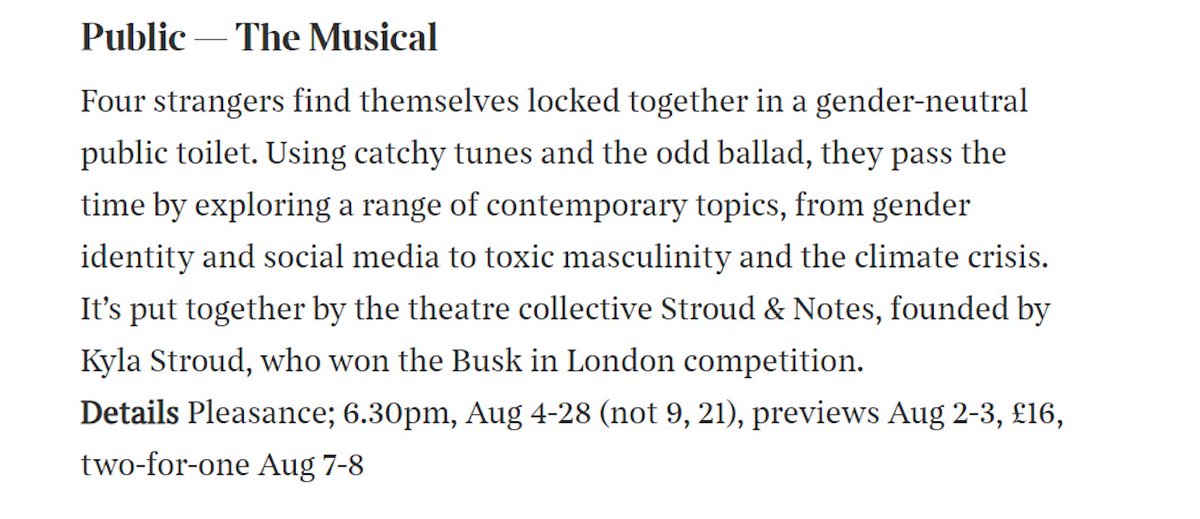 The <a href="/thetimes/">The Times and The Sunday Times</a> have included 'Public - The Musical' in their 16 best musicals, cabaret, drag and music acts to catch at the <a href="/edfringe/">Edinburgh Festival Fringe</a>! 🔥🪩🎙️💫