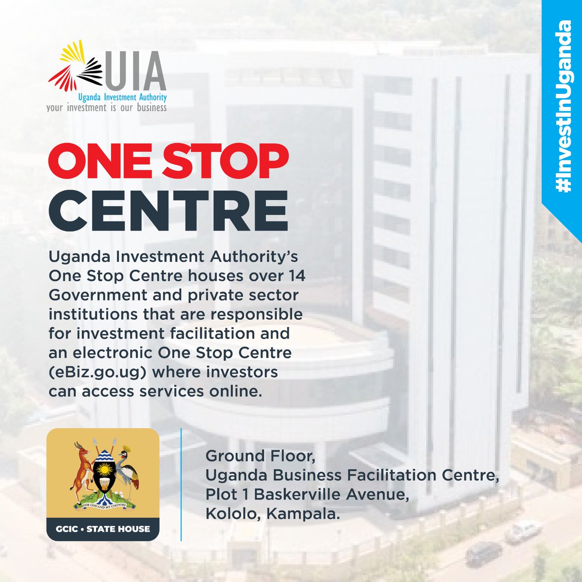 GovUganda's tweet photo. The Uganda Investment Authority One Stop Centre houses 14 Government and private sector institutions that are responsible for investment facilitation and an electronic One Stop Centre (https://t.co/rHrFuufSXR) https://t.co/1ttEBCmArQ