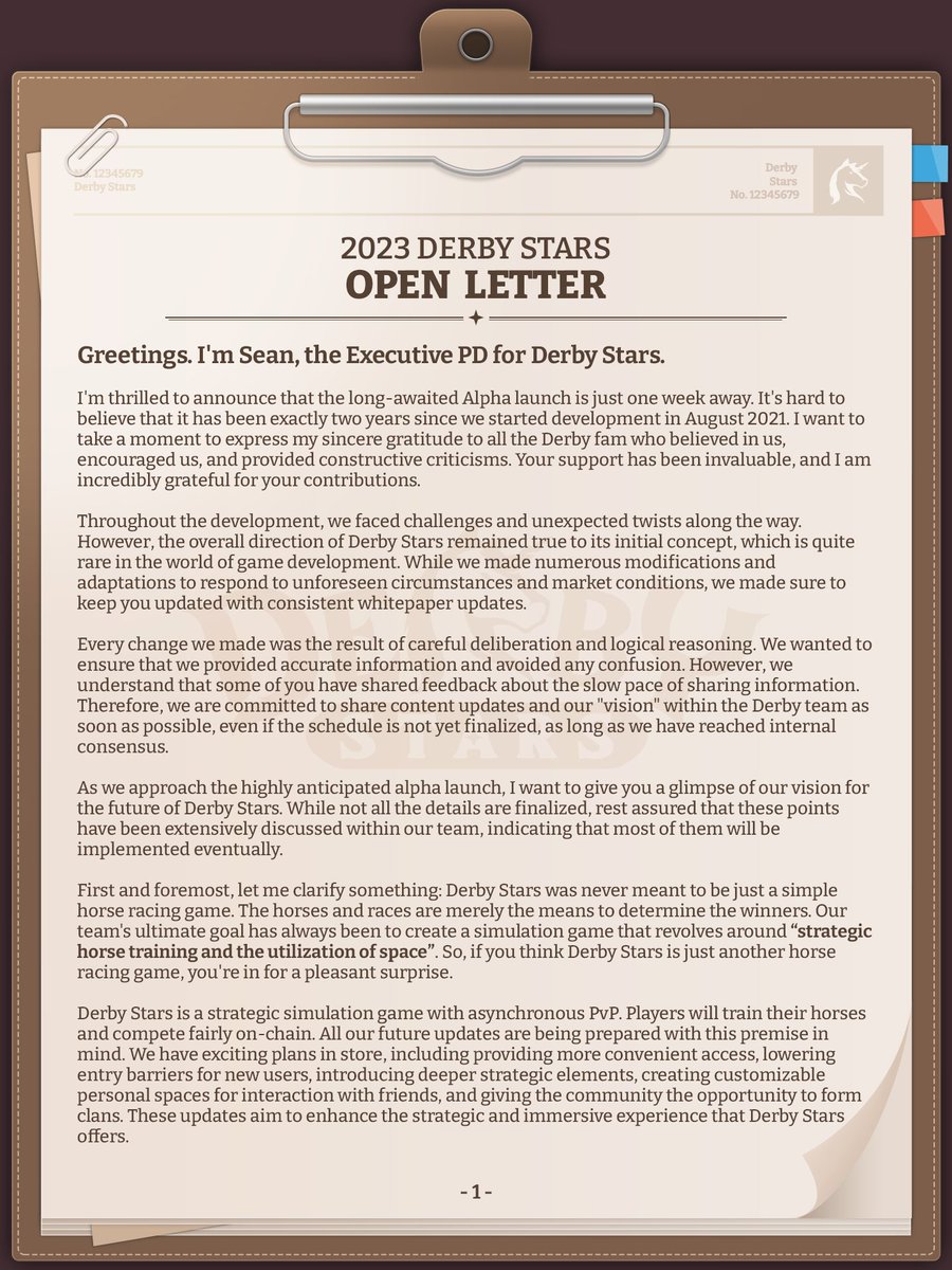 sean_hahm's tweet photo. Today, a week before the Alpha Build launch, I wrote a long letter because I wanted to share the vision of Derby Stars.

If you are curious about Derby's future vision and direction, please read my letter.

Thanks always, beloved Derby fam.

Link : https://t.co/af3TibSnGZ https://t.co/vxQXcxW6Ln