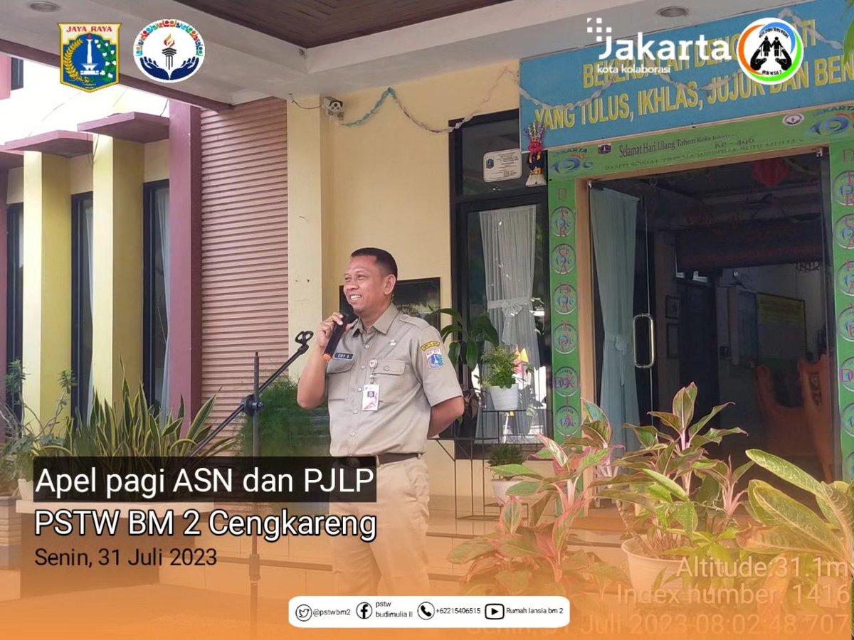 pstwbm2's tweet photo. Senin,31 Juli 2023
Kegiatan apel pagi ASN dan PJLP yg dipimpin oleh Ka.Panti PSTW BM 2 Cengkareng Bapak Edi Suryaman.

@DinsosDKI1 https://t.co/FYgCBnDHc1