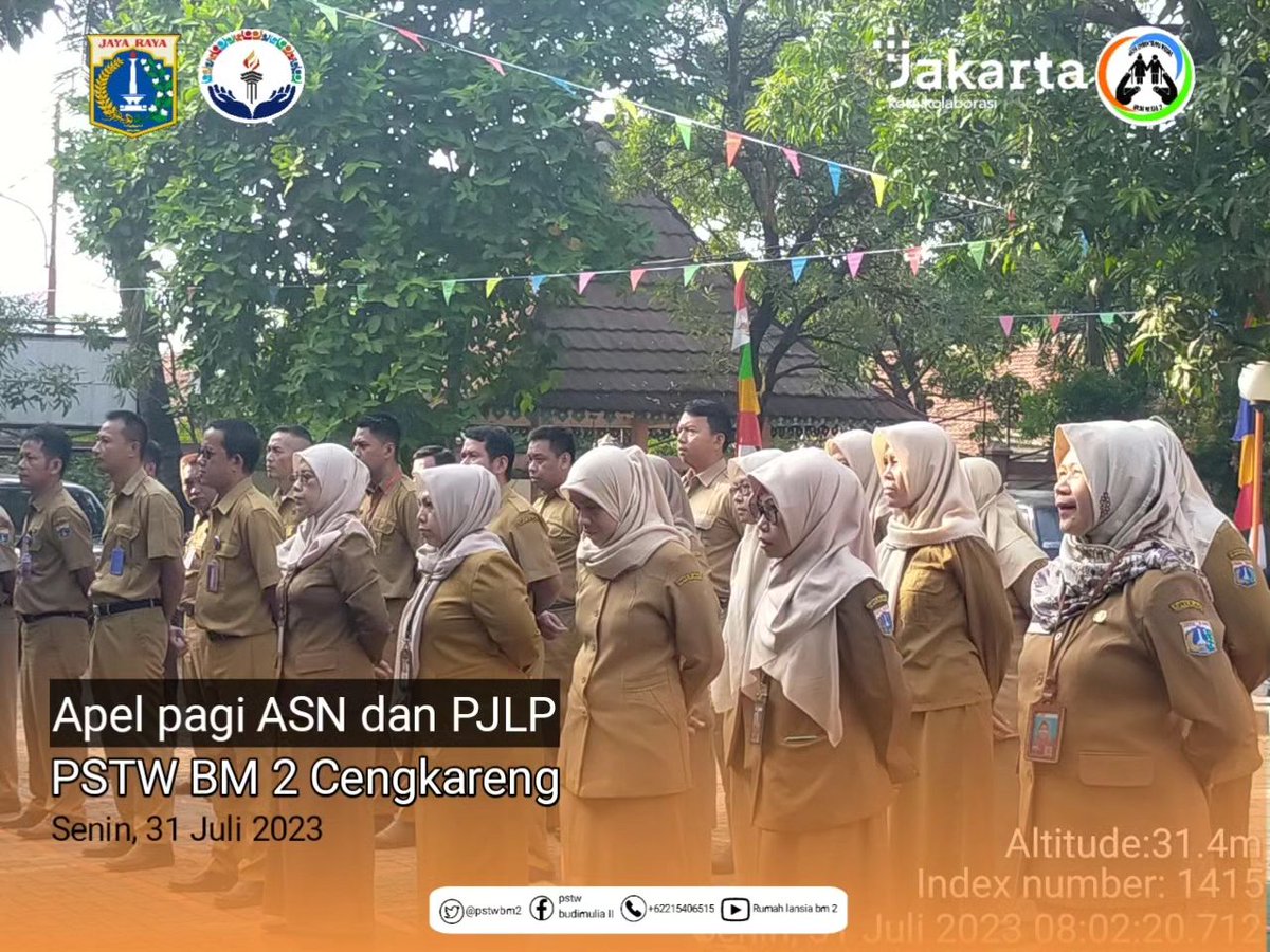 pstwbm2's tweet photo. Senin,31 Juli 2023
Kegiatan apel pagi ASN dan PJLP yg dipimpin oleh Ka.Panti PSTW BM 2 Cengkareng Bapak Edi Suryaman.

@DinsosDKI1 https://t.co/FYgCBnDHc1