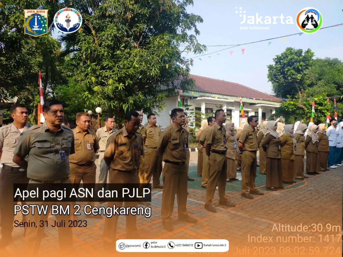 pstwbm2's tweet photo. Senin,31 Juli 2023
Kegiatan apel pagi ASN dan PJLP yg dipimpin oleh Ka.Panti PSTW BM 2 Cengkareng Bapak Edi Suryaman.

@DinsosDKI1 https://t.co/FYgCBnDHc1